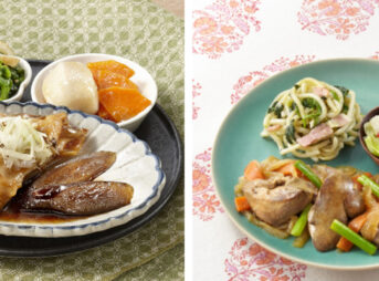 「国産真鯛カマの煮付け」と「低温調理 長州どりレバーの野菜炒め」