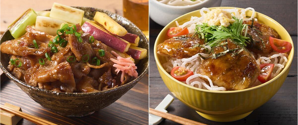 「深谷ねぎとおさつスティックの甘みそ豚丼」と「滋賀のイナズマ！甘辛胡椒ダレのさば竜田丼」
