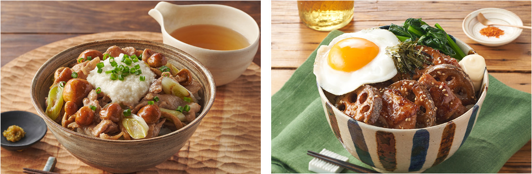 「〆はお茶漬け！豚と足長なめこの醤油出汁丼」と「鶏と厚切りステーキれんこんの甘辛月見丼」